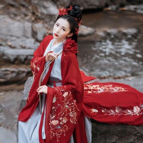 Hanfu Chinese Ancient Red Robe Coat Fairy Princess Costume Oriental Tang Suit Women Folk Dance Stage Performance Wear DN6370