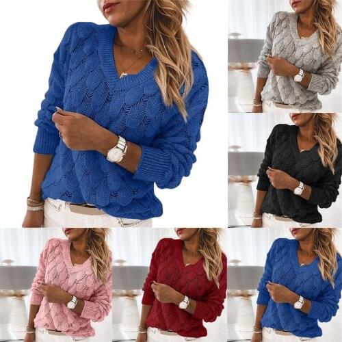Fashion V Neck Jumper Long Sleeve Feather Pattern Sweater Comefortable Solid Color Women Hollow Out Pullover Casual Knitted Tops