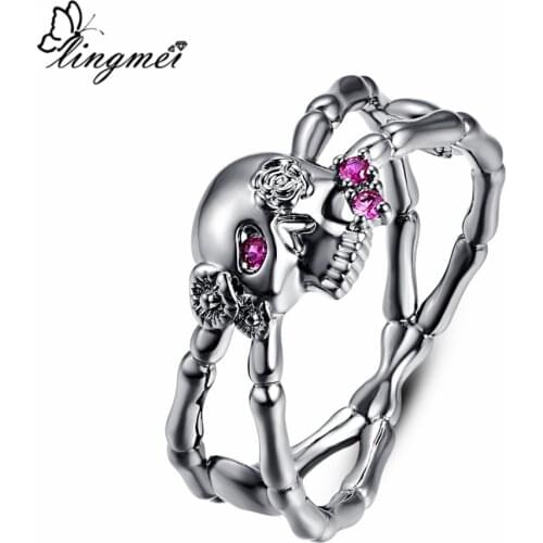 Lingmei Wholesale New Fashion Punk Style Skull Rings Mens Womens Fashion Zircon Jewelry Silver Black GoldPlated Ring Size 6-9