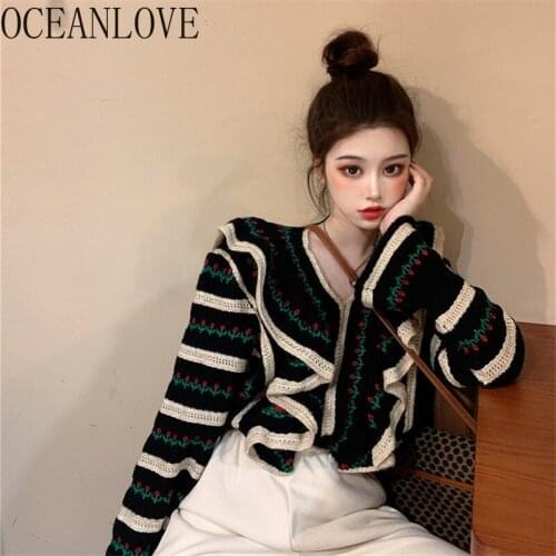 OCEANLOVE Ruffles Cardigans Sweet V Neck Vintage Print Sweet Korean Fashion Sueters De Mujer Korean Autumn Winter Women Sweater