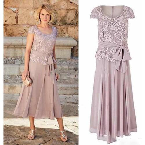 2019 A Line Mother Of The Bride Dresses Tea Length Scoop Neck Lace Party Dress For Mothers Groom Formal Wear
