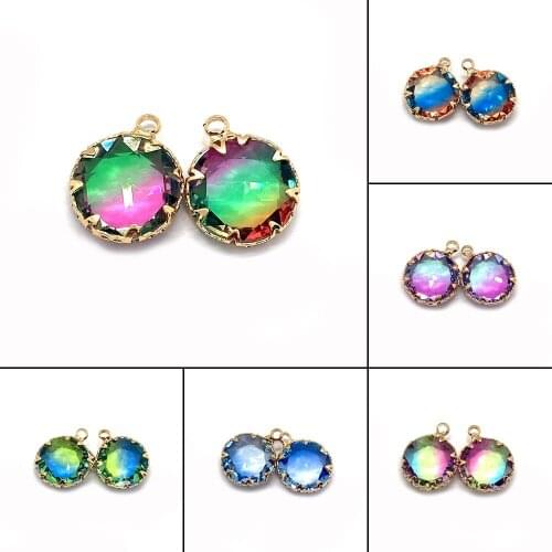 Charms for Jewelry Making ,10PCS Round Jewelry, Gradient Color 13mm Gold Alloy Crystal Pendant, for DIY Earring Making