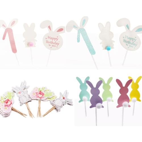 Pink/Blue Cute Cartoon Rabbit Cupcake toppers Girl/Boy 1st Birthday Number Cake flag Paper Baby Clothes Cake Decorations Suppli