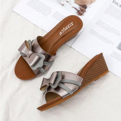 Wedges Bow-knot slippers women sandalias summer beach shoes ladies chaussure femme open toe high heels slides large size 36-42