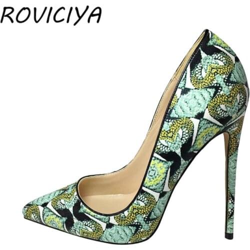 Sexy Super High heels 12 cm Shoes Women Pumps Stilettos Shoes For Women Green Graffiti Wedding Shoes YG004 ROVICIYA