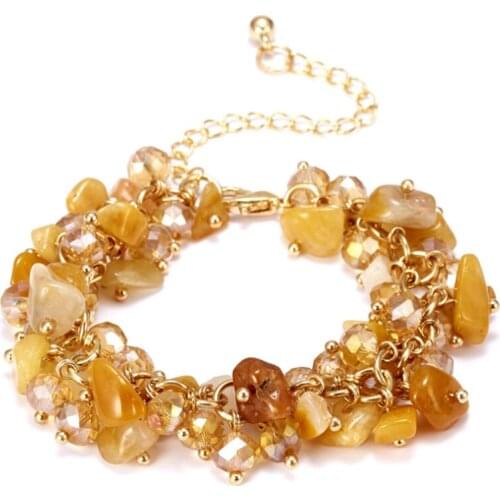 Light Yellow Gold Color Link Chain Irregular Shape Gravel Crystal with Rhinestone Bracelet Tiger Eye Stone Jewelry