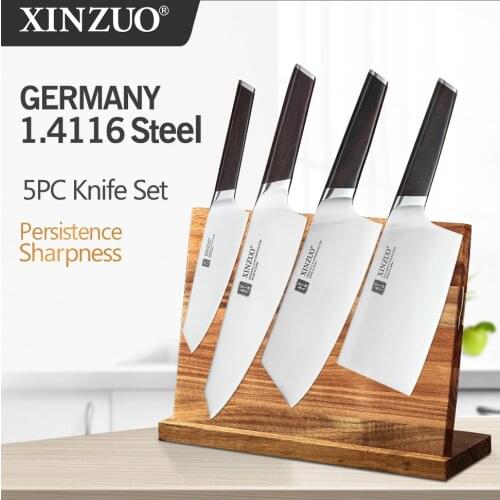 XINZUO 5pcs Knives Set with Knife Holder Stainless Steel Chef Utility Bone Cleaver Knives Cooking Tools with Ebony Handle