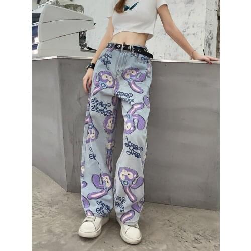 Women Cartoon Jeans Spring Harajuku Streetwear High Waist Denim Trousers Leisure Baggy Vintage Light Blue Femme Straight Pants