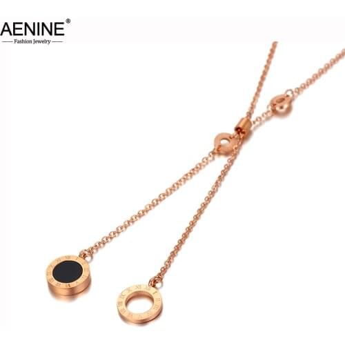 AENINE Trendy 316L Stainless Steel Shell Circle Pendant Necklaces Rose Gold Chain Link Choker Necklace For Women Girl AN20072