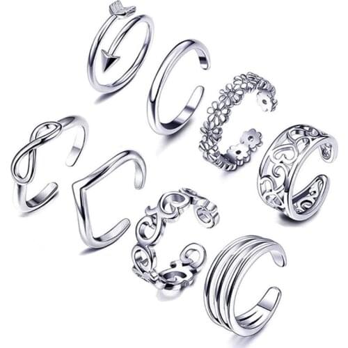 8PCS Adjustable Toe Rings for Women Flower Arrow Band Open Tail Ring Women Beach Foot Jewelry Set U90F