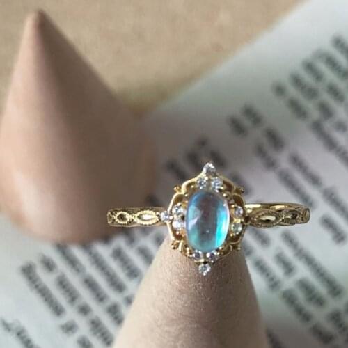 925 Sterling Silver Moonstone Vintage Princess Lace Rings For Women Gold Female Gemstone Finger Ring Adjustable Fine Jewelry