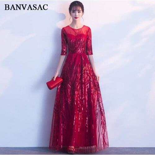 BANVASAC Illusion O Neck 2018 A Line Sequined Long Evening Dresses Party Lace Half Sleeve Embroidery Prom Gowns