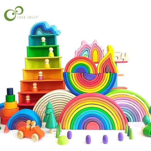 Baby Large Rainbow Stacker Wooden Toys For Kids Creative Rainbow Building Blocks Montessori Educational Toy Children GYH
