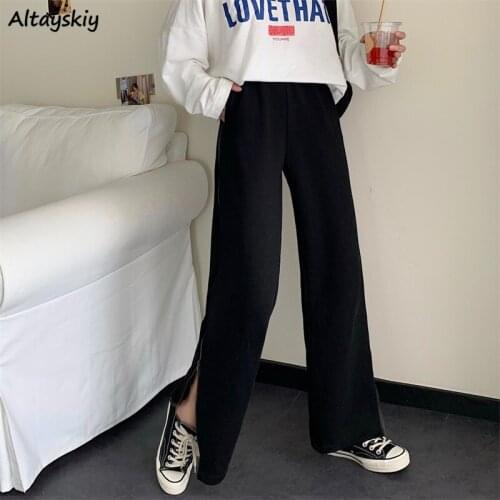 Pants Women Design Side-slit Solid Loose Straight Trendy Zipper Ulzzang Female Casual Harajuku Daily Popular Trousers New Soft