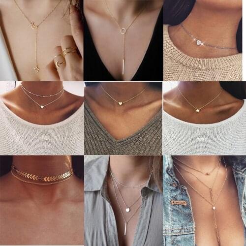 Multi Arrow Crystal Bar Moon Star Heart Necklace for Women Short Chain Choker Necklace Pendant Bohemian Chocker On Neck Jewelry