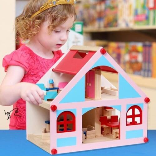 39x26x36cm Children Wooden Doll House Pretend Toy/ Kids Wooden Doll Villa with Miniature Furniture and puppets Birthday Gift