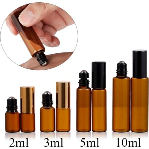 5pcs 3ML 5ML 10ML Amber Roll glass On Roller Bottle with Stainless Steel Refillable Essential Oils Perfume Bottles Containers