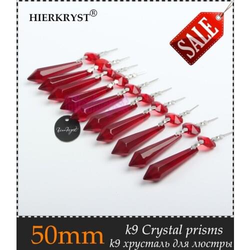 HIERKRYST 10 pcs/lot Red Chandelier Glass Crystals Lamp Prisms Parts icicle Hanging Pendants 50mm 2" #2012B