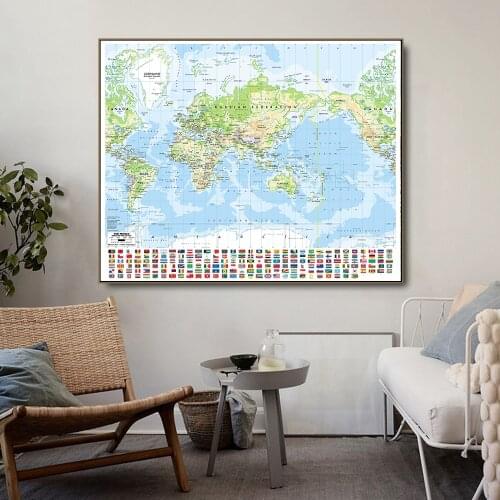 90x90cm The World Terrain Map with National Flag Non-woven Canvas Painting Wall Art Poster Home Decoration Study Supplies