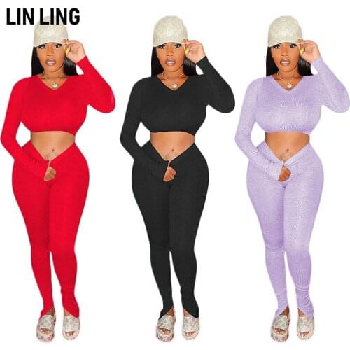 LINLING V-neck Short Knitted Long Sleeve Top + High Waist Bodycon Elastic Split Pencil Pants Daily Workout Suit