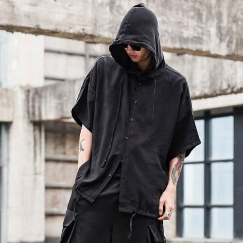 Hair stylist tide brand shirt dark black Japanese hooded loose shoulder drawstring mens shirt shirt
