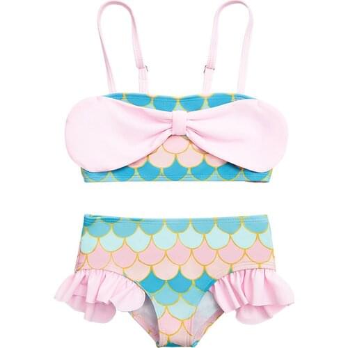 Toddler Baby Girls Fish Scales Print Two-Piece Suit Swimsuit Infant Children Outfits Bow Ruffle Top+Shorts Swimwear Bathing Suit