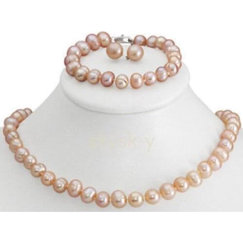 Genuine 8-9 mm Pink Freshwater Cultured Pearl Necklace Bracelet & Earrings Set