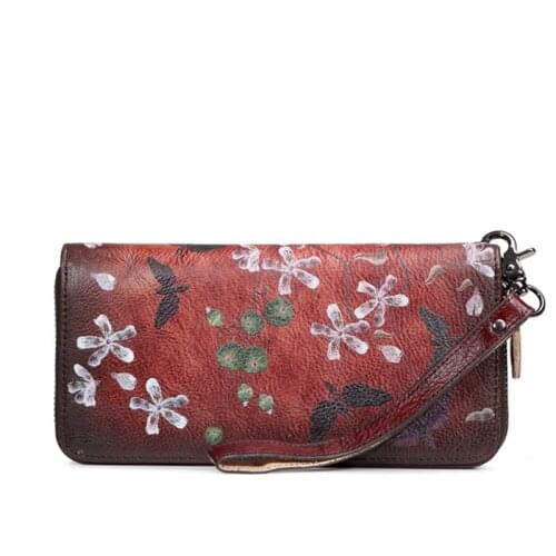 Women Genuine Leather Long Wrist Bags Printing Floral Clutch Zipper Bag Money Clips ID Credit Cards Female Cowhide Purse Wallets