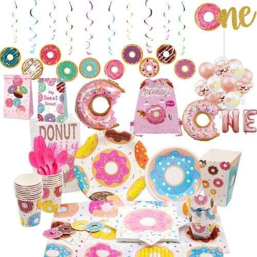 Donut Party Birthday Balloons Donut Grow Up Happy Birthday Invitations Cake Topper Party Favor Bag Decoration Banner Party Box