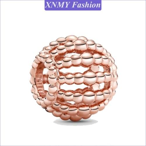 XNMY New Rose Gold Color Round Hollow Beads Charms for Women Fit Original Pandora Bracelets DIY Jewelry Gifts