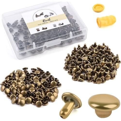 KAOBUY 100 Set Double Cap Rivets Leather Rivet Tubular Metal Rapid Rivet Studs, with Plastic Box Finger Cot for DIY Leather Craf