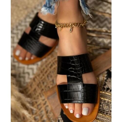 2020 Summer Flat Slippers Women Shoes Black Pu Leather Ladies Sandals Open Toe Female Flip Flops Beach Slides Zapatos Mujer37-41
