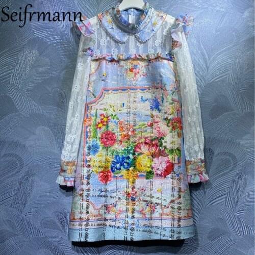 Seifrmann New 2021 Summer Women Fashion Runway Party Mini Dress Flare Sleeve Ruffles Floral Print Loose Ladies Dresses Vestidos