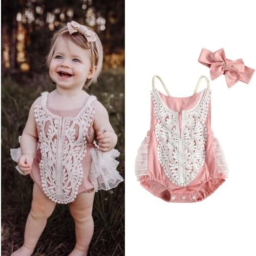 Baby Summer Clothing Newborn Baby Girl Clothes Lace Cotton Sleeveless Romper Jumpsuit Floral 2PCS Outfits