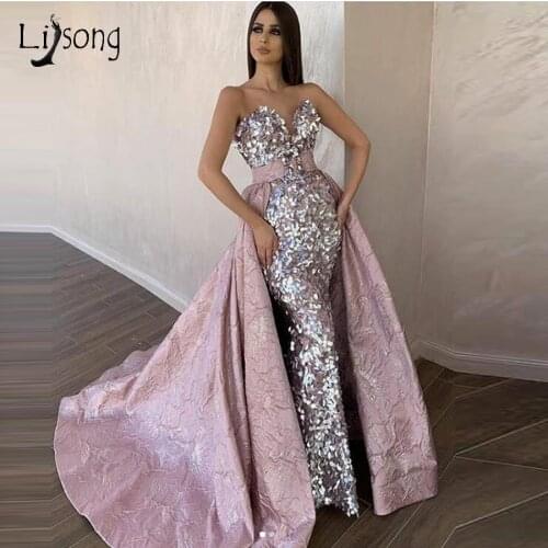 Sparkle Sequined Mermaid Prom Dresses With Detachable Train Floral Satin Fashion Long Prom Gowns Sweetheart Vestido De Festa