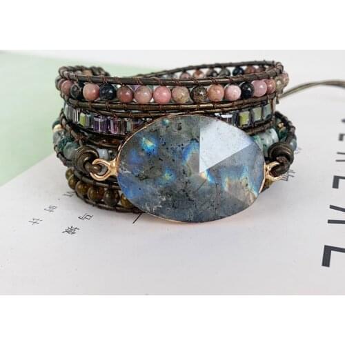 Premium Beaded Bracelets Leather Bracelet Labradorite 5 Strands Woven Wrap Bracelets Bohemian Statement Bracelet Dropship Gifts
