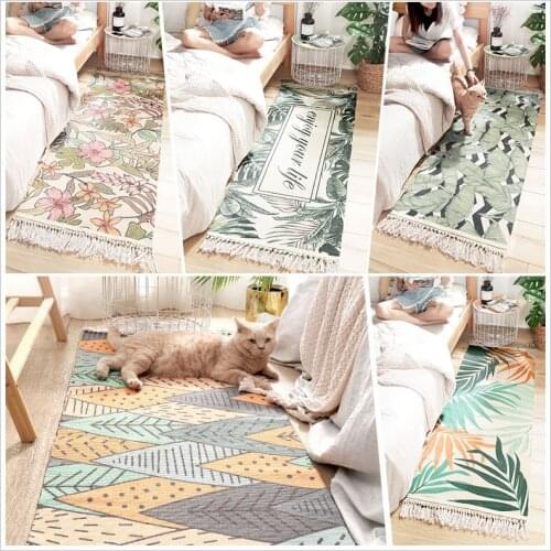 FAMIFUN 100% Cotton Living Room Carpet Bedroom Bedside Non-Slip Rug Green Plant Print Contemporary Design Bohemia Nordic Style