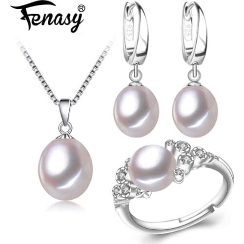 FENASY Jewelry Sets Pearl Pendant Necklace Earrings For Women pendant long earrings freshwater pearl jewelry new jewelry box
