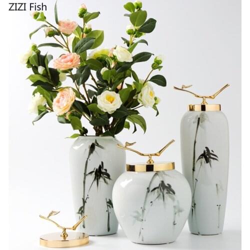 Ink Painting Ceramic Vase with Lid Metal Living Room Entrance Desk Decoration Modern Storage Jar Flower Arrangement Flower Vases