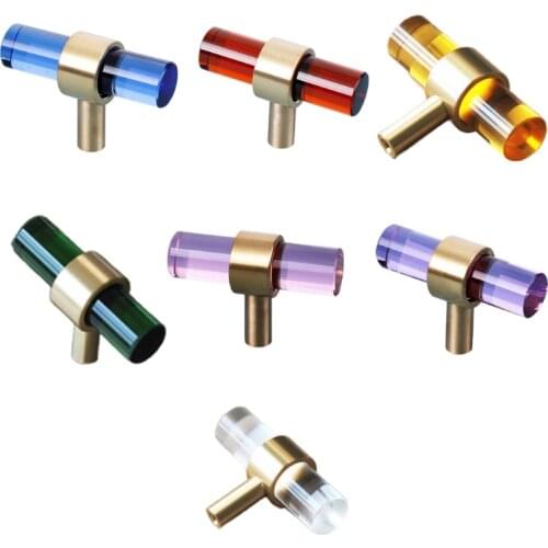 Creative 5 Set Cabinet Knobs T Bar Glass Brass Modern Drawer Pulls Blue/Chocolate /Purple/ Pink/ Lucency/Green/Gold LX0C