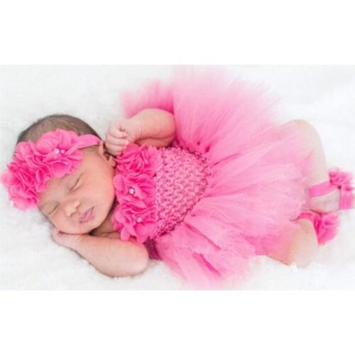 Cute Baby Tutu Dress Set Infant Girls Crochet Tulle Dress Tutus with Flower Headband and Foot Ring Newborn Birthday Party Dress