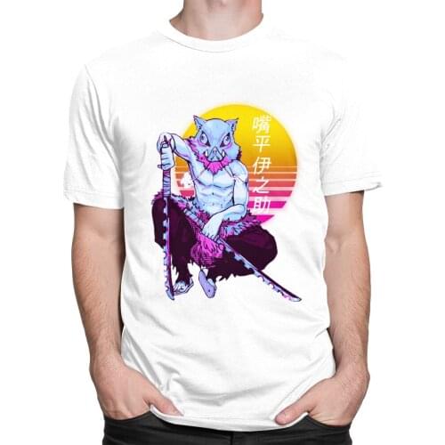 Fashion Mens Kimetsu No Yaiba Demon Slayer T Shirts Short Sleeve Cotton Tshirt Demon Slayer Inosuke Vaporwave Anime Tee Clothes