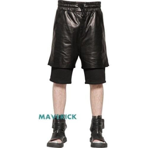 2016 Mens Fashion dj costume male personality PU leather stitching knitted double pants fake two pants Singer costumes clothing