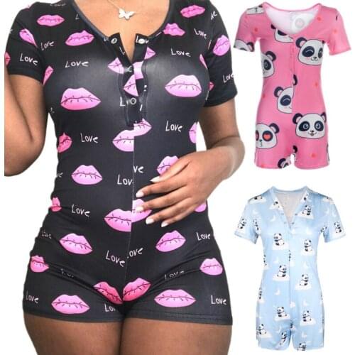 2020 New Women V-neck Short Sleeve Bodycon Sleepwear Romper Jumpsuit Shorts Cartoon Print Playsuits Pajama Homewear