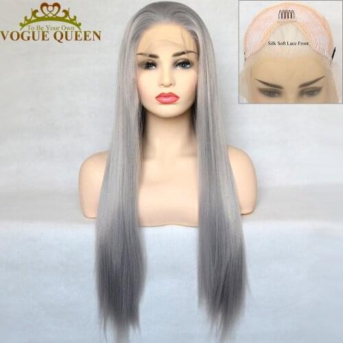 Vogue Queen Sliver Grey Synthetic Lace Front Wig Long Silky Straight High Temperature Fiber Daily Wear For Women