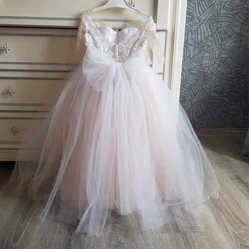 Pageant Real Image Simple Flower Girl Dresses Floor Length O-neck with Lace Wedding Gowns for Kids Long Sleeves Birthday Party