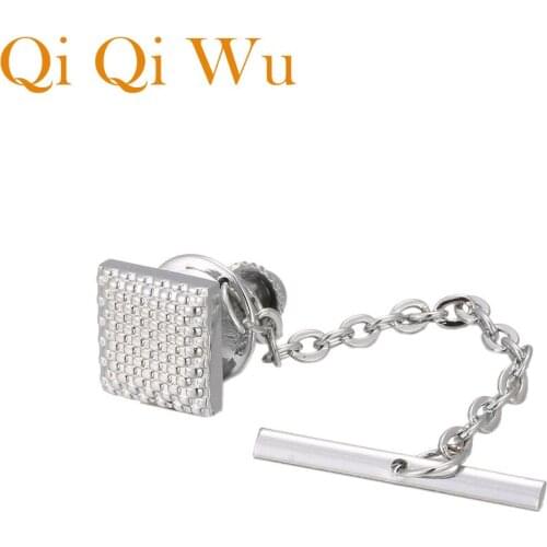 QiQiWu Silver Square Tie Tack for Mens Gifts Shirt Elegant Matte Locking Tie Tack Clutch Backs with Chain Wedding Jewelry Groom