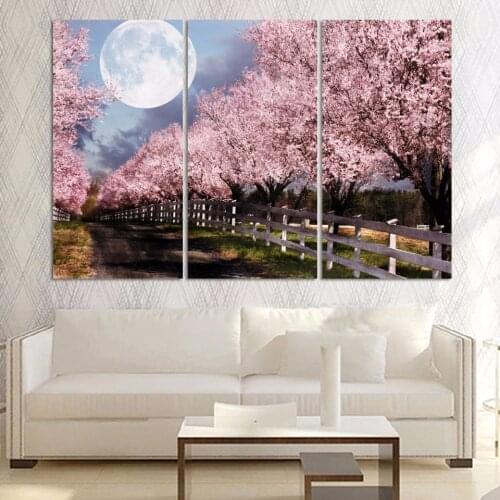 Sakura Says Hering Under Moon Japan Pink Flower HD Canvas Art Wall Painting For Living Room Home Decor 3 Pieces Picture
