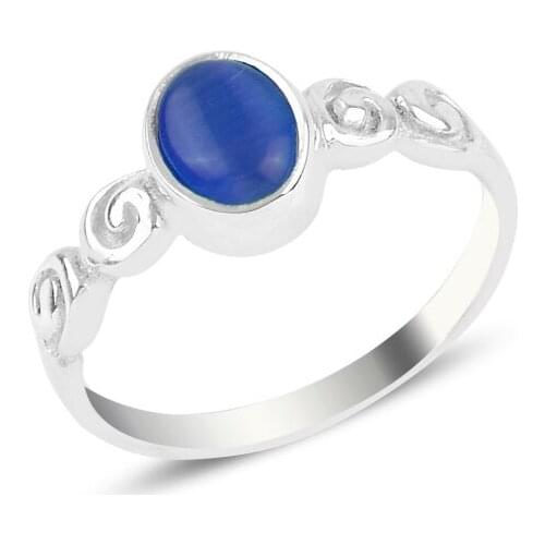 Silver 925 Set Blue Cat 'S Eye Engagement Ring