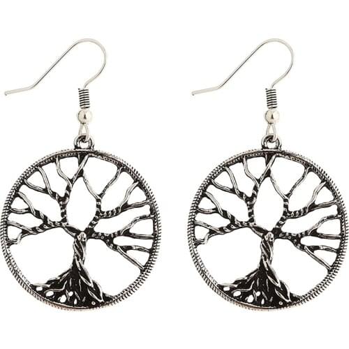 Vintage Wisdom Tree Drop Earrings For Women Round Metal Fishook Gold Silver Plated For Christmas Gift Pendant Dangle Wholesale